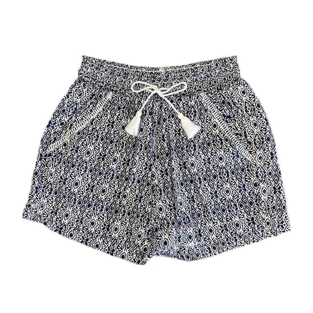 Briggs Women’s Linen Blend Shorts Blue & White Pull On Elastic Waist Size Small